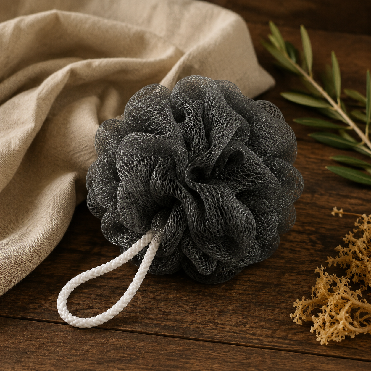 Dark gray nylon loofah poof with white hanging cord