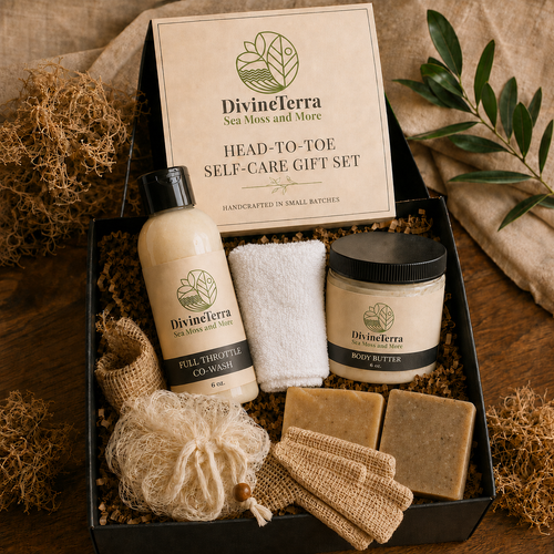 Divine Terra Full Throttle Co-Wash gift set with two soap bars, bath accessories, and white cotton washcloth