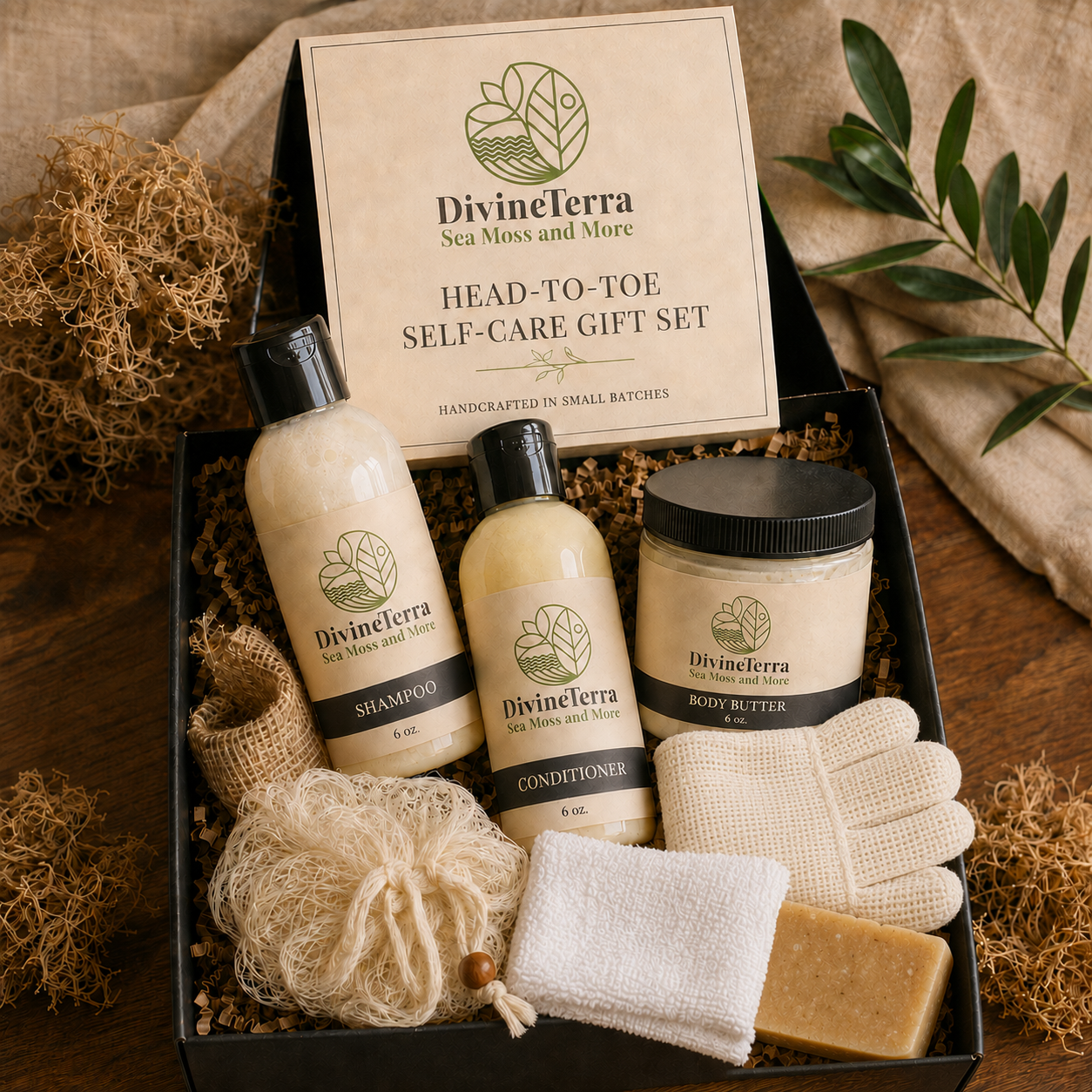 Divine Terra shampoo and conditioner gift set with bath accessories and white cotton washcloth