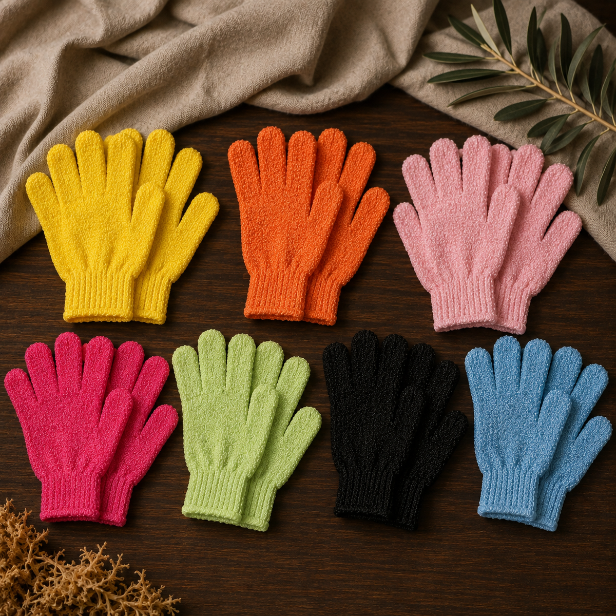 Nylon exfoliating bath glove pairs in seven assorted colors