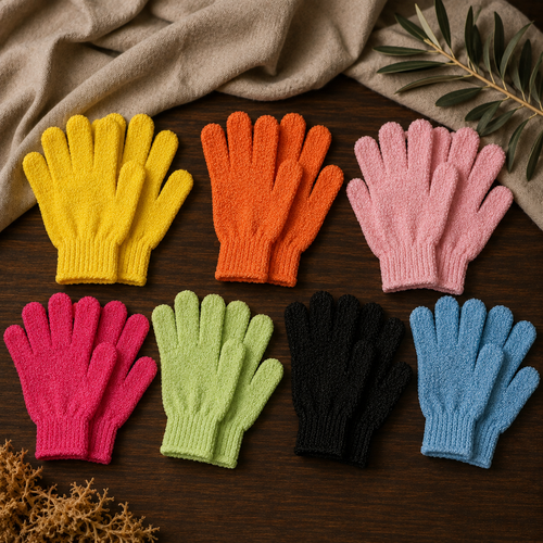 Nylon exfoliating bath glove pairs in seven assorted colors